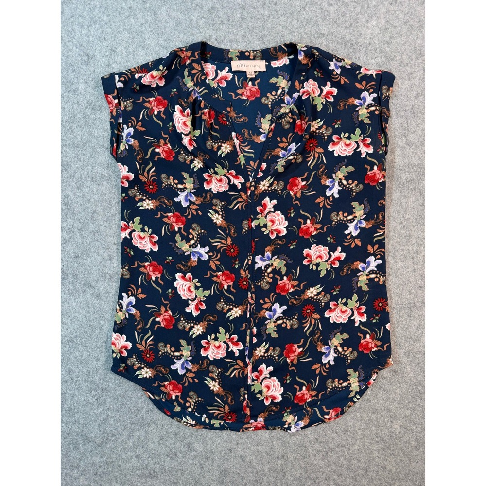 Philosophy Republic Clothing Navy Floral Sleeveless Blouse XS Split V-Neck Top